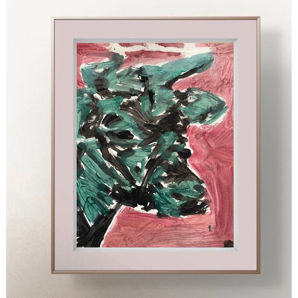 Original Abstract Cow Portrait Painting Green Burgundy 8.5x11 Contemporary Art